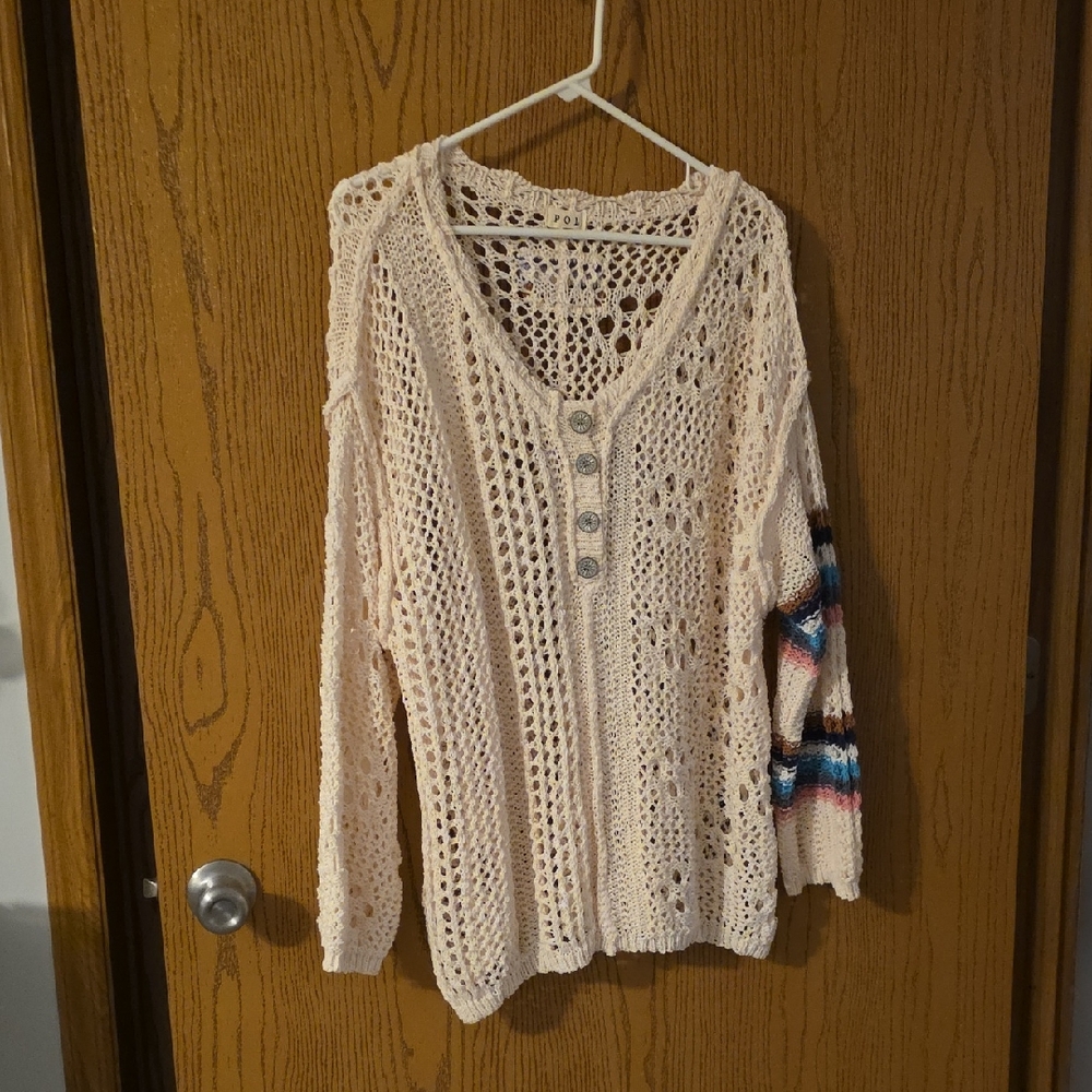 POL Cream Knit V-Neck Sweater with Multicolor Sleeve NWOT